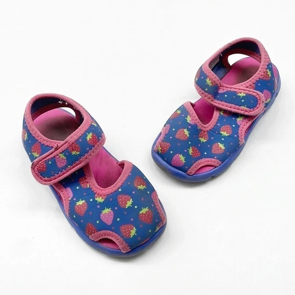 Blue strawberry print toddler girls water shoes